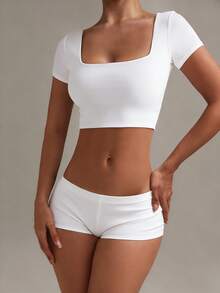 XLLAIS Áo thun cổ vuông tay ngắn, chất liệu co giãn cao, thoáng khí, hai lớp, màu trắng cơ bản, dáng crop top, dành cho nữ. - trắng - Xem 3