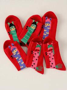 6/3/1 Pair, Plus Size Women's Neutral Cartoon Horse And Letter Printed Calf Socks, Red Socks, New Year Socks, Holiday Socks, Mid Leg Socks, Calf Socks, Short Socks - Multicolor - View 8