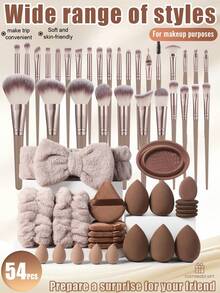 54pcs Makeup Brush Set With Makeup Sponges, All-In-One Beauty Tools Kit For Daily Facial Makeup - Coffee Brown - View 1