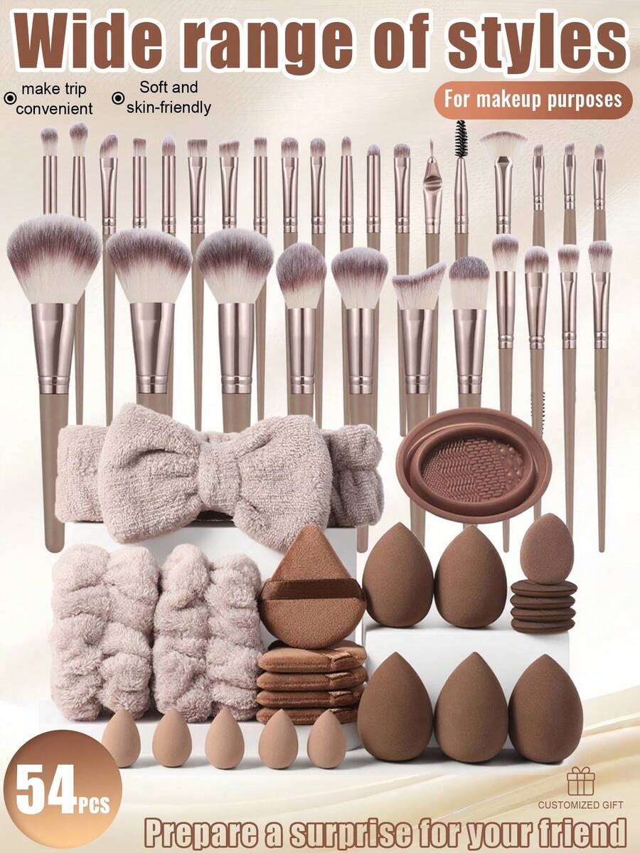 54pcs Makeup Brush Set With Makeup Sponges, All-In-One Beauty Tools Kit For Daily Facial Makeup - Coffee Brown - View 1