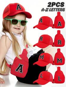 2pcs Kids Red 26 Letter Personalized Sponge Mesh Cap Set, Fashionable Cool Breathable Sunshade Hollow Design Baseball Cap & Compact Lightweight Versatile Pouch, Gift Set, Suitable For 5-8 Years Old Boys & Girls Casual, School, Travel In Spring/Summer - Red - View 1