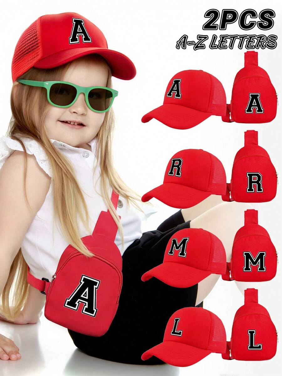 2pcs Kids Red 26 Letter Personalized Sponge Mesh Cap Set, Fashionable Cool Breathable Sunshade Hollow Design Baseball Cap & Compact Lightweight Versatile Pouch, Gift Set, Suitable For 5-8 Years Old Boys & Girls Casual, School, Travel In Spring/Summer - Red - View 1