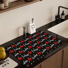1pc Love Text Pattern Absorbent Dish Drying Mat, Home Decor, Dish Drying Pad, Espresso Machine Countertop Absorbent Mat, Sink Drain Mat, Soft Faucet Absorbent Mat, Sink Cup Mat, Kitchen & Bathroom Accessories - Multicolor - View 3