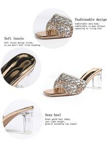 Sapatos de Salto Alto Femininos, Bico Quadrado com Strass Cintilantes, Salto Assimétrico, Confortáveis. Glamorosos, Strass Brilhantes, Adequados para Festas, Reuniões, Bailes, Compras, Várias Ocasiões e Festivais. Sandálias de Salto Alto Elegantes com Strass Prateados Cintilantes para Praia, Casamentos, Festas, Uso Externo na Primavera/Verão - Champanhe - Visão 11