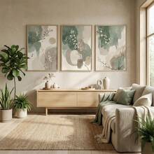 Japandi植物禅意墙画三件套，抽象水彩叶子海报，鼠尾草绿米色印花，极简主义花卉艺术，现代禅意装饰，家居装饰客厅，墙面装饰，无框 - 彩色 - 查看 8