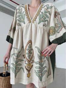 1 件女士休闲波西米亚风花卉印花连衣裙，街头时尚波西米亚风格度假连衣裙，适合西装、音乐节、沙滩装