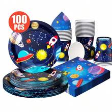 100/25/10pcs Set Of Disposable Space Exploration Theme Party Supplies, Including Plates, Napkins, Cups, Suitable For 25 Guests, Ideal For Birthdays, Weddings, Theme Parties, Family Picnics. - Multicolor - View 1