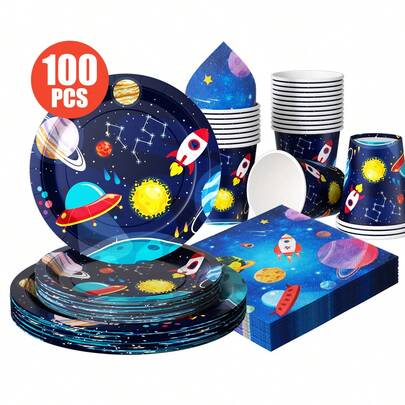 1 set di forniture monouso a tema esplorazione spaziale, inclusi piatti, tovaglioli, bicchieri, adatto per 25 ospiti, ideale per compleanni, matrimoni, feste a tema, picnic in famiglia
