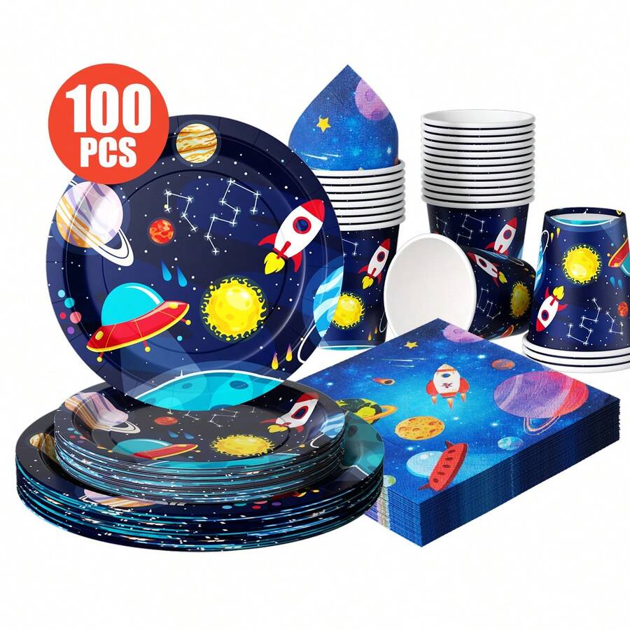 100/25/10pcs Set Of Disposable Space Exploration Theme Party Supplies, Including Plates, Napkins, Cups, Suitable For 25 Guests, Ideal For Birthdays, Weddings, Theme Parties, Family Picnics. - Multicolor - View 1