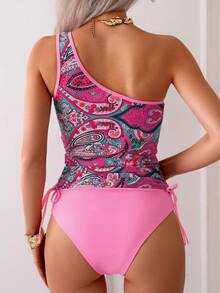 Women Boho Asymmetrical Neck Sleeveless Tankini With Drawstring Knot Detail Casual Knitted Fabric Swimsuit Regular Length With Bikini Bottoms Medium Stretch - 粉色 - 查看 2