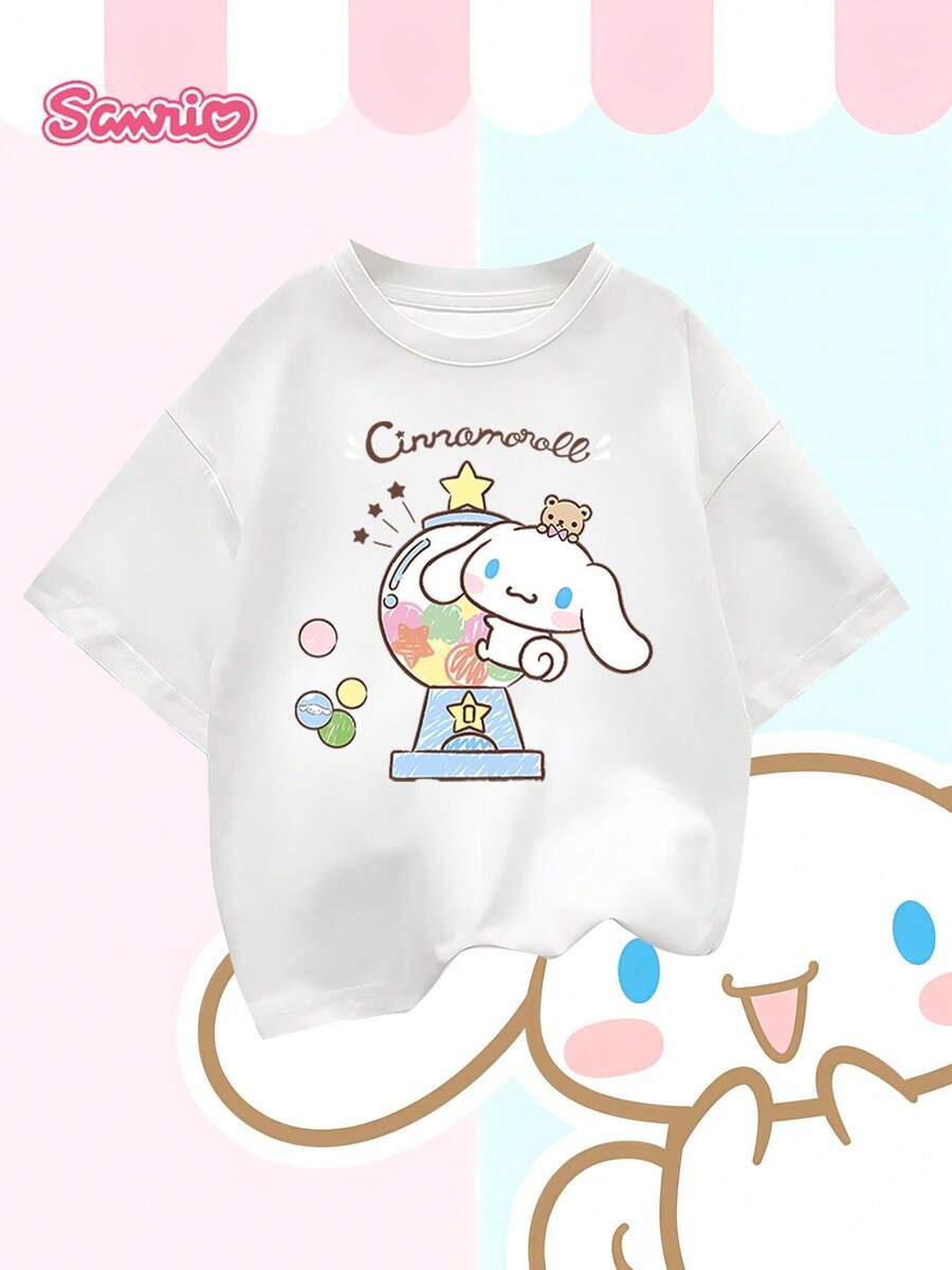 SANRIO Girl Cinnamoroll Cartoon T-Shirt-Soft Polyester Knitted Cotton Cute Short-Sleeved Shirt Printed By Cinnamoroll , Regular Version Of Micro-Elastic T-Shirt, Suitable For Spring, Summer And Autumn, Cartoon Style Wear. - 白色 - 查看 1