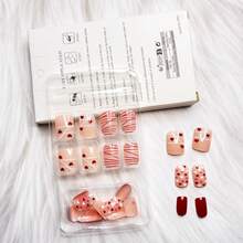24Pcs Valentines Nails Press On Nails Short Square Fake Nails With Glue Red White Stripe Heart Stick On Nails Romantic Valentines Day False Nails For Women Girls DIY Valentines Nail Decoration - 1 - 查看 6