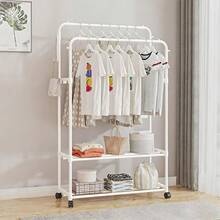 LIVINGANDHOME Living And Home  Sturdy Metal Clothes Rack Double Rod Design With Side Bars Hooks For Garments Towels Bags Storage Holiday - White - View 4