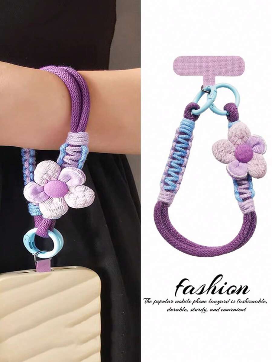 1pc Floral Braided Wrist Strap, Short Wristlet Phone Lanyard With Dopamine Flower Decor, Comfortable Cotton Rope, Soft Hanging Accessory For Phone Case, Anti-Lost, Elegant Bracelet With Clip - Multicolor - View 1