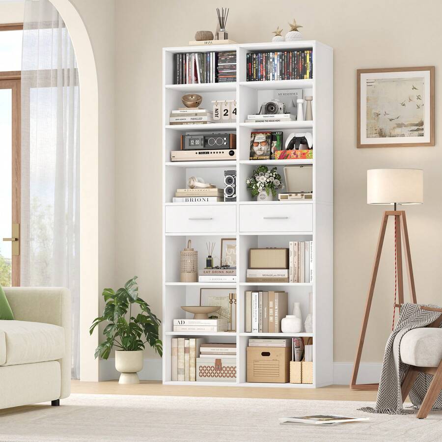 Bookshelf, 185.5 Cm High, Freestanding Shelf With 2 Drawers, 8-Tier Shelf, Bookcase, Display Cabinet, Open Storage Shelf - White - View 1
