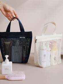 1pc Lightweight Mesh Shower Bag, Travel Cosmetic Bag, Large Capacity Portable Toiletry Bag, Hanging Bathroom Storage Bag, Suitable For Vacation, Summer Holiday, Back To School Season, Can Be Used As School Supplies Bag, Toiletry Bag Or Travel Bag. - Apricot - View 19