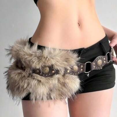 1pc Boho Faux Fur Solid Color Waist Belt, Y2K Vintage Versatile Furry Waist Cincher, Sexy Accessory To Pair With Coats, Jeans, Dresses, Suitable For Daily Wear, Parties, Halloween