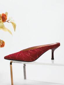 女士V形尖头穆勒鞋，时尚露跟高跟鞋，细高跟凉鞋，低帮高跟鞋，刺绣格纹高跟鞋，性感派对闭趾高跟鞋，漆皮高跟鞋，红色高跟鞋，红色婚鞋，红色高跟凉鞋，宴会鞋，猫跟鞋 - 紅色 - 查看 4