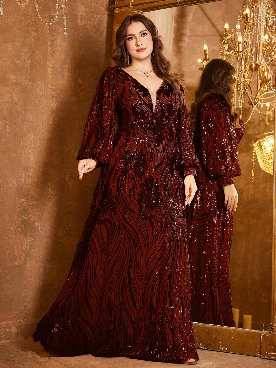 UNITHORSE V领长袖奢华亮片装饰修身鸡尾酒会礼服 - 紅木色 - 查看 1