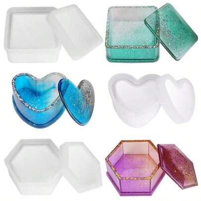 Set de 3 moldes de resina, que incluye molde para caja de joyería, molde para caja de regalo, molde hexagonal de resina epoxi, molde de silicona en forma de corazón y molde de caja de almacenamiento cuadrada para manualidades y decoración con resina
