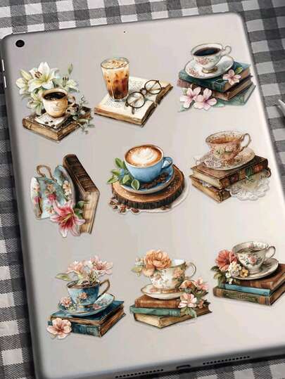 50 pièces Autocollants Livre et Café pour Scrapbooking, Journal Intime, Cahier, Tablette, Agenda, Cartes de Vœux, Enveloppes, Bouteilles d'Eau, Téléphones, Décorations de Fête, Cadeaux