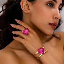 一套/2件时尚夸张金属心形水钻镶嵌可调节几何手链+1枚优雅心形戒指首饰套装，适合女士晚宴、生日、日常佩戴、情人节礼物