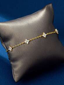 1pc Women's Bracelet, Bohemian Tassel Style, Copper Inlaid Zirconia Four-Leaf Clover Flower Bracelet, Daily Accessory Gift - Yellow Gold - View 5