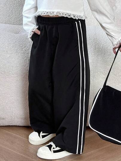 1pc Girls' Minimalist Fashion Street Style Monochrome Stripe Decor Straight Leg Pants
