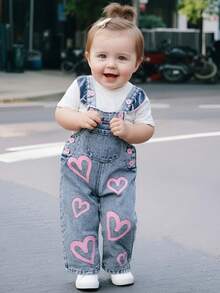 1pc Baby Girls' Outdoor Casual Party Gift Denim Print Washed Slim Fit Jumpsuit Regular Length Pants, Spring/Autumn - Blue - View 5