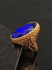 18K Gold Plated Cubic Zirconia Blue Stone 316 Stainless Steel Women's Ring, Elegant Minimalist Blue Gemstone Ring, High Quality Women's Gold Ring - Blue - View 5