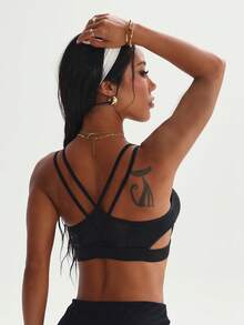 女士时尚黑色圆领交叉网眼拼接运动文胸 - 黑色 - 查看 2