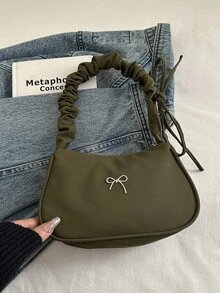 1 件纯色时尚云朵荷叶边蝴蝶结手提包、单肩包和腋下包 - 綠色 - 查看 2
