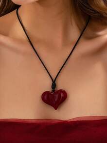 1pc Elegant Angola Red Geometric Heart Braided Adjustable Necklace, Women's Minimalist Cute Heart Pendant Necklace, Valentine's Day Holiday Gift, Party Accessory - Red - View 4