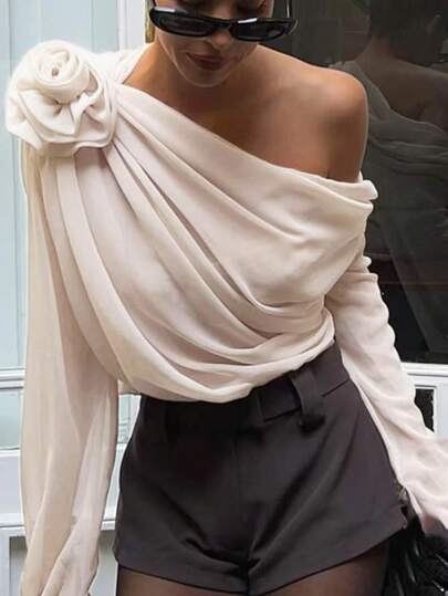 Fashionable Elegant Oblique Shoulder 3D Flower Ruched Women Blouse Spring