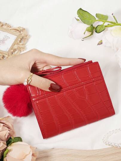 Ozdobiony futrzanym pomponem, listem, składany mały portfel kieszonkowy, mała torebka, składany na pół, smukły portfel damski, lekki, przenośny, etui na karty kredytowe i klucze, krótki portfel, uroczy, nowoczesny, modny, na prezent urodzinowy, świąteczny, rocznicowy, dla kobiet, dziewcząt, dam, biznesowych, na rocznicę, na Boże Narodzenie, na Walentynki, na prezent urodzinowy, na prezent, dla ukochanej, dla kobiet, dla dziewcząt, dla kobiet, dla kobiet, torba na przybory szkolne, do akademika i na powrót do szkoły