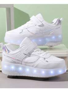 Teens Roller Skate Shoes, Wheeled Shoes, Double Wheel Roller Shoes, LED Rechargeable Luminous Shoes - White - View 6