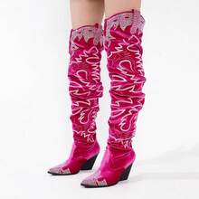 Women's Over-The-Knee Cowboy Boots, Rhinestone Embroidery, Western Style, Wide And Loose Fit, High-Top Boots, Memory Foam Insole, 3-Inch Chunky Heel - 紫紅色 - 查看 5