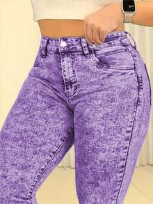 Women's Fashionable High Waist Slim Wash Light Blue Snowflake Craft Stretch Tight Casual Jeans  Plain    Pocket  Zipper  Button - 紫羅蘭色 - 查看 4