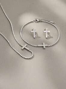 三件套不锈钢十字架首饰套装（项链+手链+耳环），简约设计融入宗教元素，是理想的礼物，适合各种场合。 - 銀色 - 查看 6