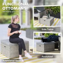 Outsunny 5 Piece Rattan Garden Furniture Set, Nesting Outdoor Furniture Conversation Set With 2 Footstools, WPC Storage Coffee Table And Cushions, Wicker Garden Sofa For Conservatory, Terrace, Grey - Grey - View 5
