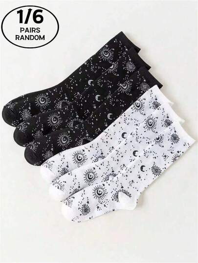 1双/6双装，春夏款式，四季皆宜，随机黑白双色星星、月亮、太阳图案，舒适透气，适合校园和大学穿搭，便携时尚，男女皆宜的个性化袜子，校园派对、日常居家休闲穿着，男女必备柔软舒适的船袜