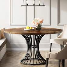 LITTLE TREE Round Farmhouse Dining Table For 4-6 People, 75cm Height, Rustic Brown Kitchen Table With Sturdy Metal Base, Easy Assembly For Small Spaces, Kitchen, Living Room - 紫紅色 - 查看 7