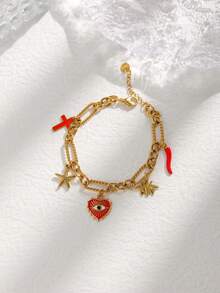 1PC Stylish Eye Starfish Cross Bee Chili Multi-Pendant Stainless Steel Gold Bracelet, Elegant Handmade Jewelry, Perfect For Girls - Exquisite Design, Adjustable Length, Perfect Gift - Gold - View 5