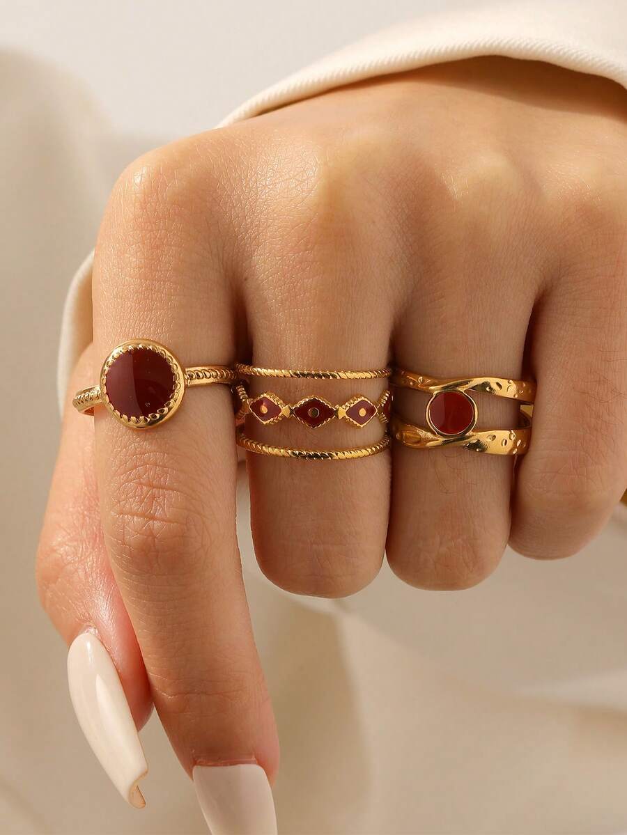 Set de 3 anillos geométricos abiertos vintage minimalistas y elegantes chapados en acero inoxidable, ajustables para uso diario, fiestas y citas de mujeres - conjunto de tres piezas - Ver 1