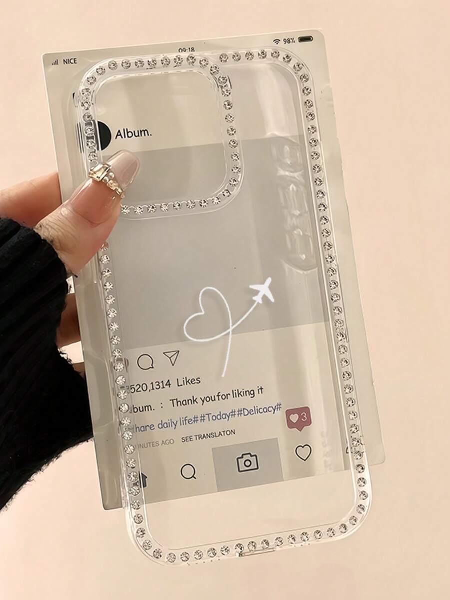 1pc Fashion Heart & Airplane Pattern Luxury Rhinestone Edged Transparent Full Coverage TPU Phone Case, Compatible With IPhone 11 12 13 14 15 16 17 Pro Max, Birthday Gift - White - View 1