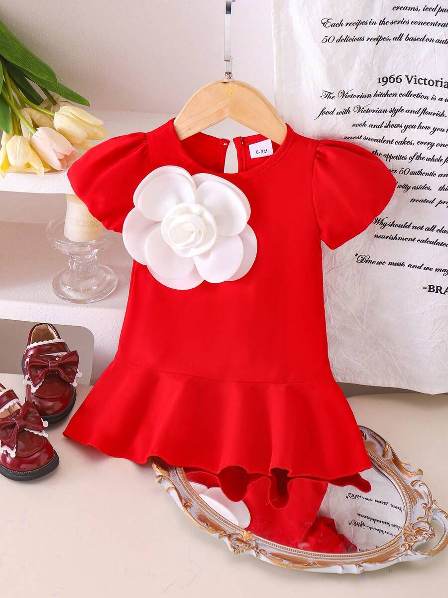 1pc Baby Girls' Retro Floral 3D Applique Short Sleeve Dress, Summer - Red - View 1