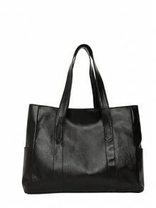 1pc Fashionable High-Quality Solid Color PU Leather Tote Bag, Suitable For Work Commute Or Daily Use, Handheld Or Shoulder Carry - Black - View 2