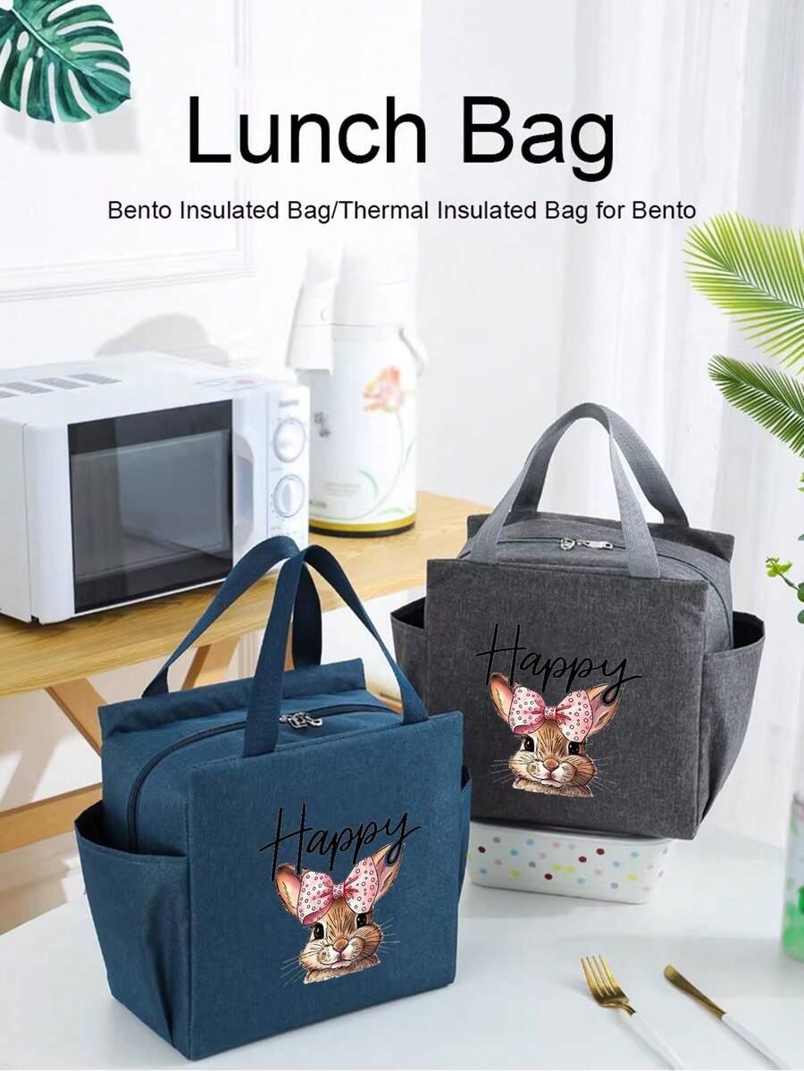 1pc 2026 New Cute Happy Rabbit Cartoon Insulated Lunch Bag - Reusable, Thick Polyester Bento Box Carrier, For School, Office, Camping & Picnic, Back To School, Spring Gift, Father's Day Gift, Mother's Day Gift, Back To School Season Gift, Birthday Gift - Multicolor - View 1