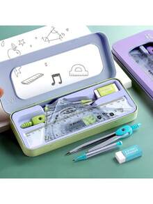 7件套粉色文具套装 - 时尚高品质便携，刻度清晰，测量顺畅，学生必备。套装包含三角尺、量角器、直尺、橡皮擦和圆规，是返校、课堂学习、艺术设计和考试准备的理想之选。