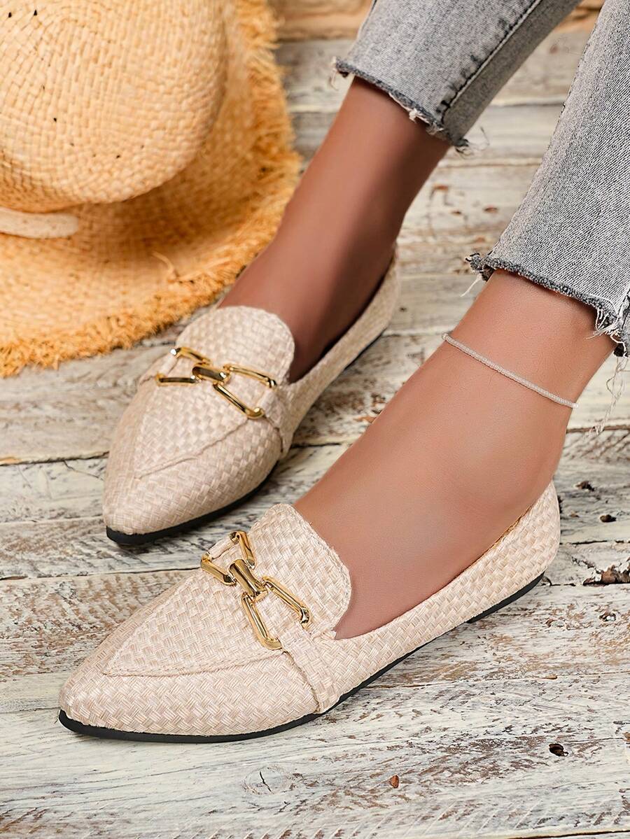 New Woven Loafers, Pointed Toe Metal Buckle Flat Shoes, Versatile Casual Slip-On For Students, Commuting For Working Women, Available In Black, White, Beige - Apricot - View 1
